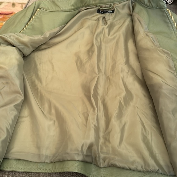 Baccini Olive Mossy Army Green Faux Leather Biker Jacket Petite Large - Picture 2 of 6